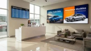 Accueil d'une concession automobile avec une réceptionniste au comptoir, une salle d'attente avec fauteuils gris et des écrans géants affichant Offre Spéciale et Nouveaux Modèles en français.