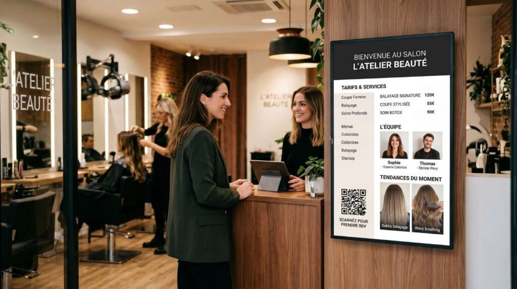 Écran d'affichage dynamique à l'accueil d'un salon de coiffure moderne présentant les tarifs, l'équipe et un QR code pour la prise de rendez-vous.