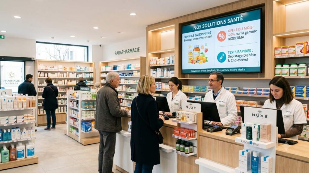 Clients au comptoir d'une pharmacie moderne et calme avec un grand écran d'affichage dynamique diffusant des offres et des conseils santé.