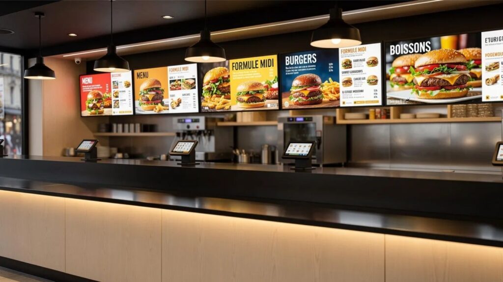 Écrans d'affichage dynamique menu board pour restaurant fast-food affichant les menus et formules midi