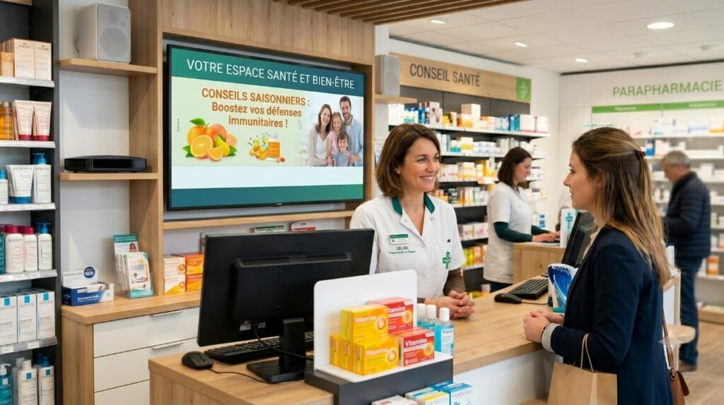 Pharmacienne conseillant une cliente au comptoir devant un écran d'affichage dynamique dans une officine connectée.