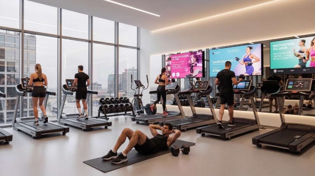 Salle de sport moderne utilisant l'affichage dynamique EazyScreen Web pour diffuser des programmes d'entraînement et des messages de motivation sur écrans.