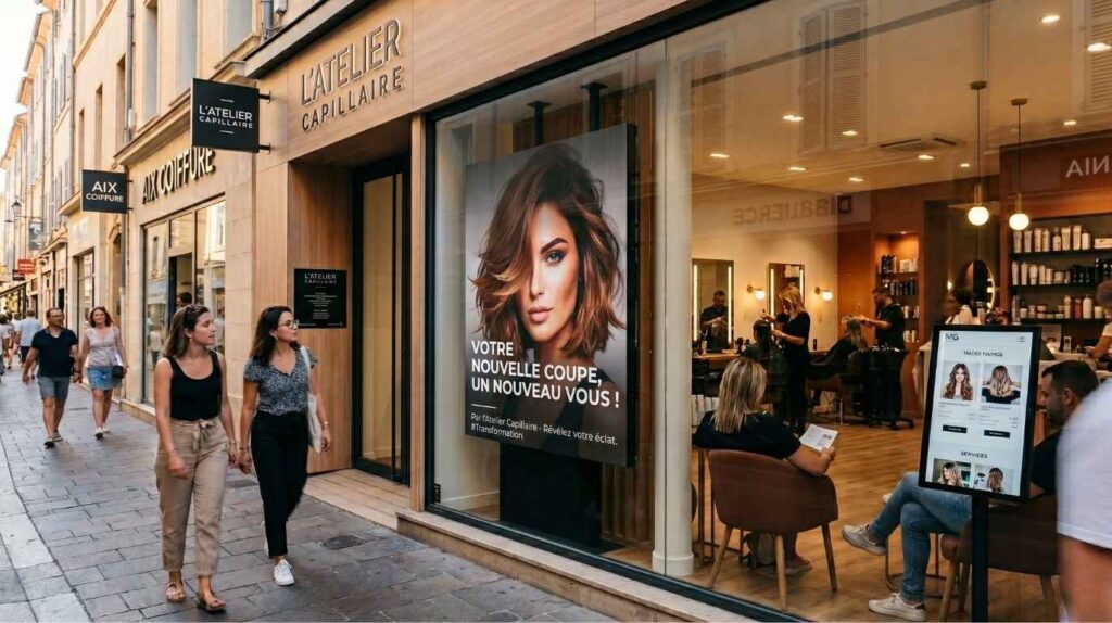 Vitrine moderne d'un salon de coiffure avec un grand écran d'affichage dynamique diffusant une publicité pour une coupe de cheveux femme.