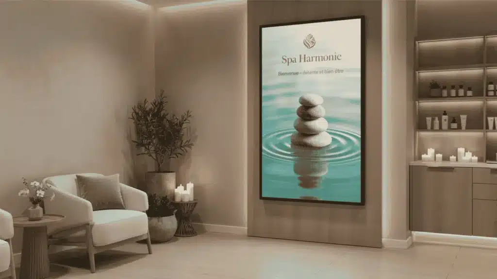 Écran vertical d'affichage dynamique spa piloté par EazyScreen Web dans un espace d'accueil chaleureux. L'écran diffuse un visuel zen avec des galets, illustrant une communication visuelle douce pour les centres de bien-être.