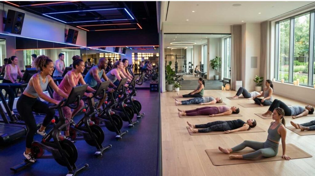 Composition en écran scindé illustrant le contraste d'ambiance sonore : à gauche, un cours de cardio-cycling dynamique avec éclairage néon et enceintes haute technologie ; à droite, une séance de yoga sereine dans un studio minimaliste baigné de lumière naturelle