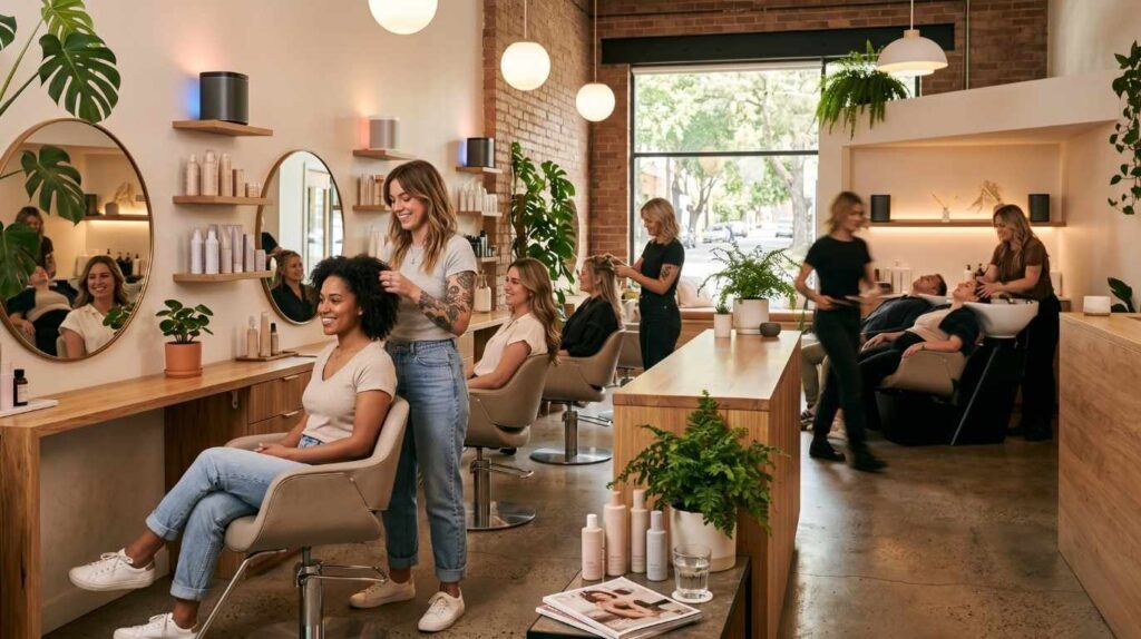 Salon de coiffure moderne et lumineux avec clients et coiffeurs dans une ambiance chill et chaleureuse.