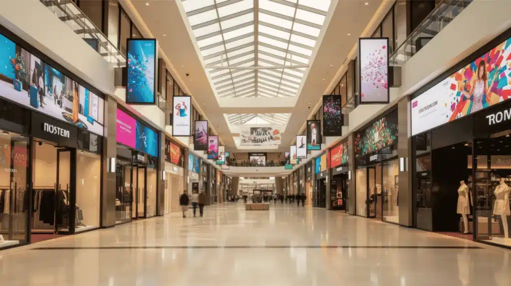 Allée lumineuse d'un centre commercial moderne équipée de multiples écrans d'affichage dynamique suspendus, diffusant des campagnes publicitaires pour animer la galerie marchande.
