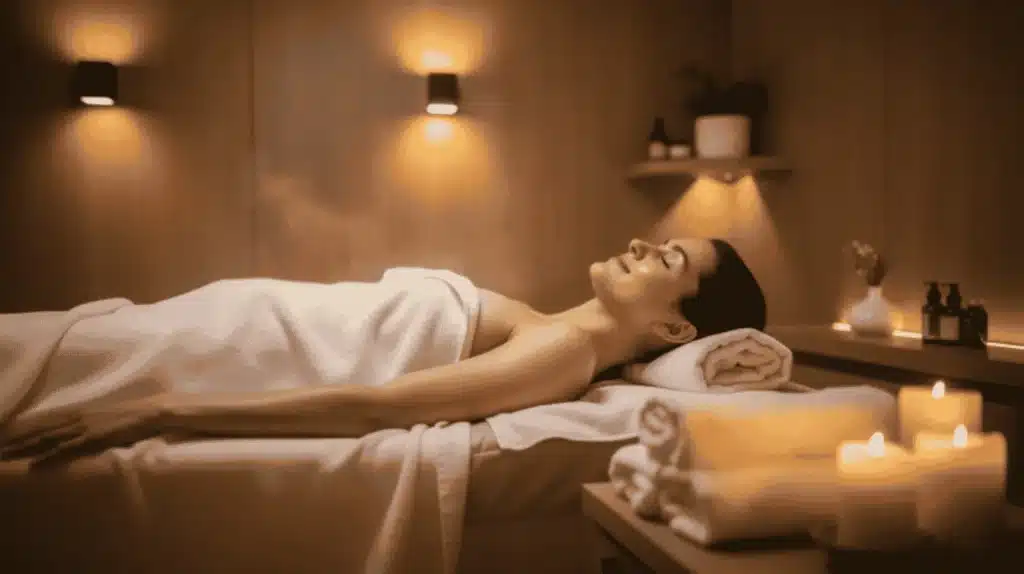 Une cliente se relaxe sur une table de massage pour un soin spa dans une ambiance de bien-être chaleureuse, avec des bougies et de la vapeur. Le marketing sonore et la musique relaxante sont essentiels pour créer cette atmosphère et améliorer l'expérience client.
