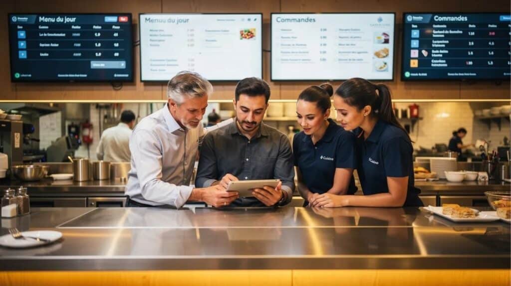 Équipe de restauration utilisant une tablette pour piloter le menu board numérique et la radio in-store via une interface de gestion