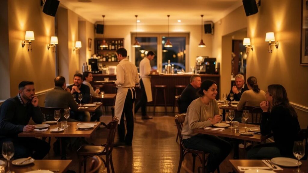 Ambiance tamisée dans une salle de restaurant avec clients à table, illustrant l'importance de la musique d'ambiance et de la radio in-store