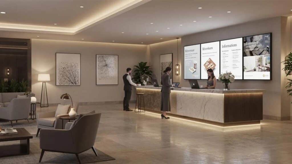 Réception d'un hôtel moderne équipée de plusieurs écrans d'affichage dynamique au-dessus du comptoir pour enrichir l'expérience client.