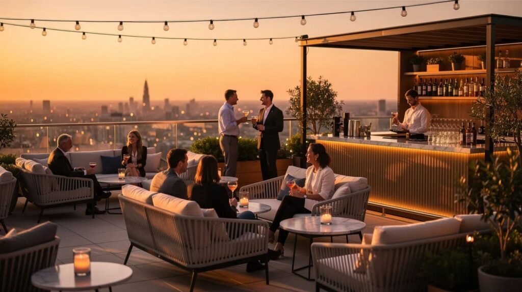 Clients profitant d'un verre sur le toit-terrasse d'un hôtel au coucher du soleil, un espace convivial sublimé par une musique d'ambiance adaptée.