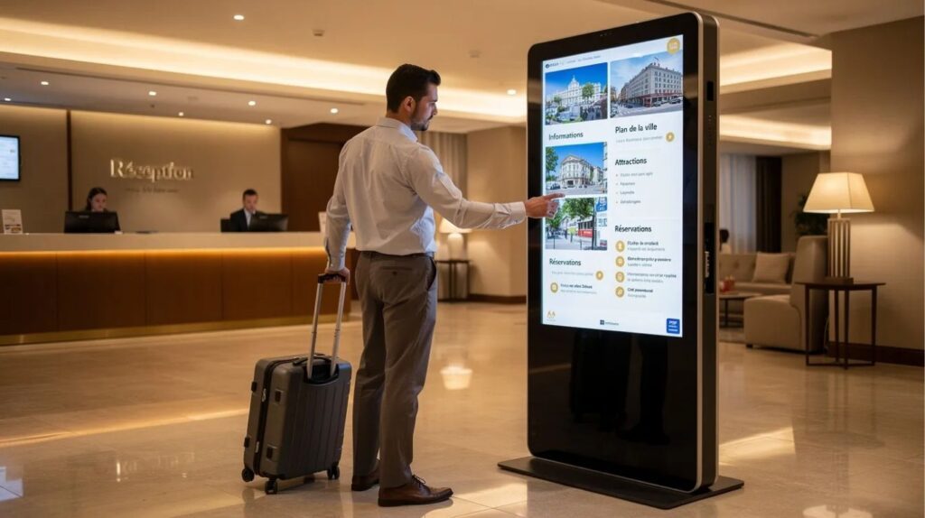 Un voyageur avec une valise utilise une grande borne d'information interactive à écran tactile dans le hall d'un hôtel. Le comptoir de la réception est visible en arrière-plan.