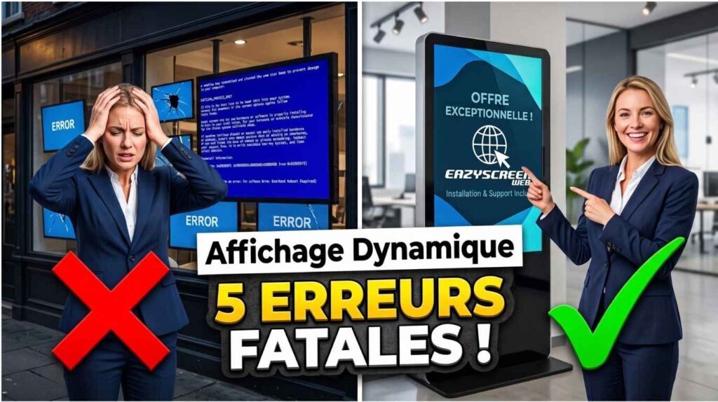 Logiciel d'affichage dynamique : les 5 erreurs fatales à éviter pour vos écrans numériques, comparant une installation en panne et la solution EazyScreen Web.