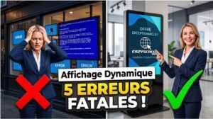 Logiciel d'affichage dynamique : les 5 erreurs fatales à éviter pour vos écrans numériques, comparant une installation en panne et la solution EazyScreen Web.