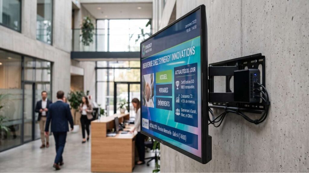Écran d'affichage dynamique professionnel mural dans un hall d'entreprise moderne, vu de trois-quarts, laissant apparaître un mini-PC fixé sur le support à l'arrière. L'écran diffuse un tableau de bord d'entreprise incluant une section "Actualités du jour"