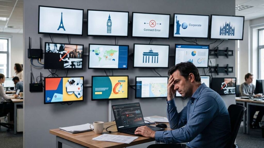 Un professionnel débordé face à un mur d'écrans désynchronisés, illustrant la difficulté de la gestion d'un affichage dynamique multi-sites.
