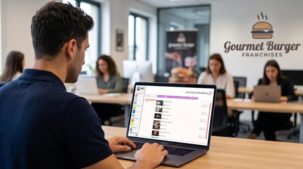 Un jeune responsable marketing d'une franchise de restauration utilise la solution d'affichage dynamique EazyScreen Web sur son ordinateur portable pour gérer ses campagnes.